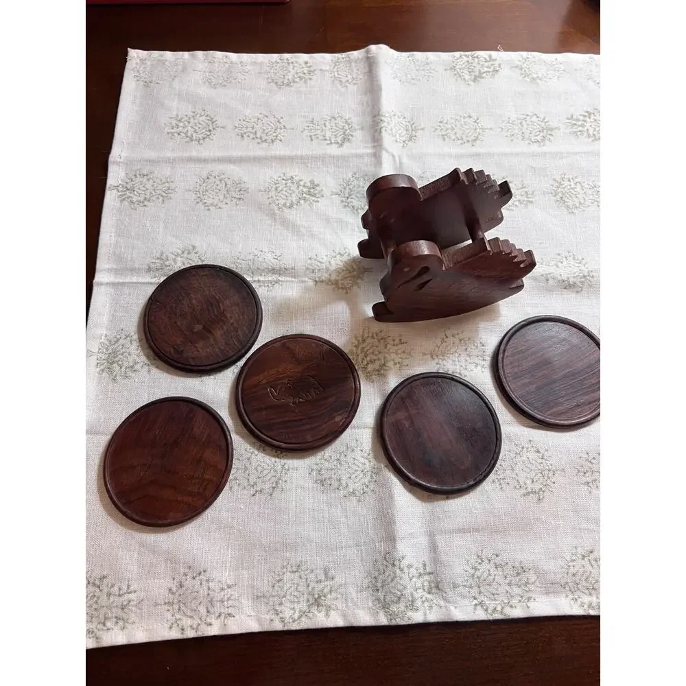 Vintage Wood Coaster set with Hand Crafted Rocking Swan Caddy in Good Condition